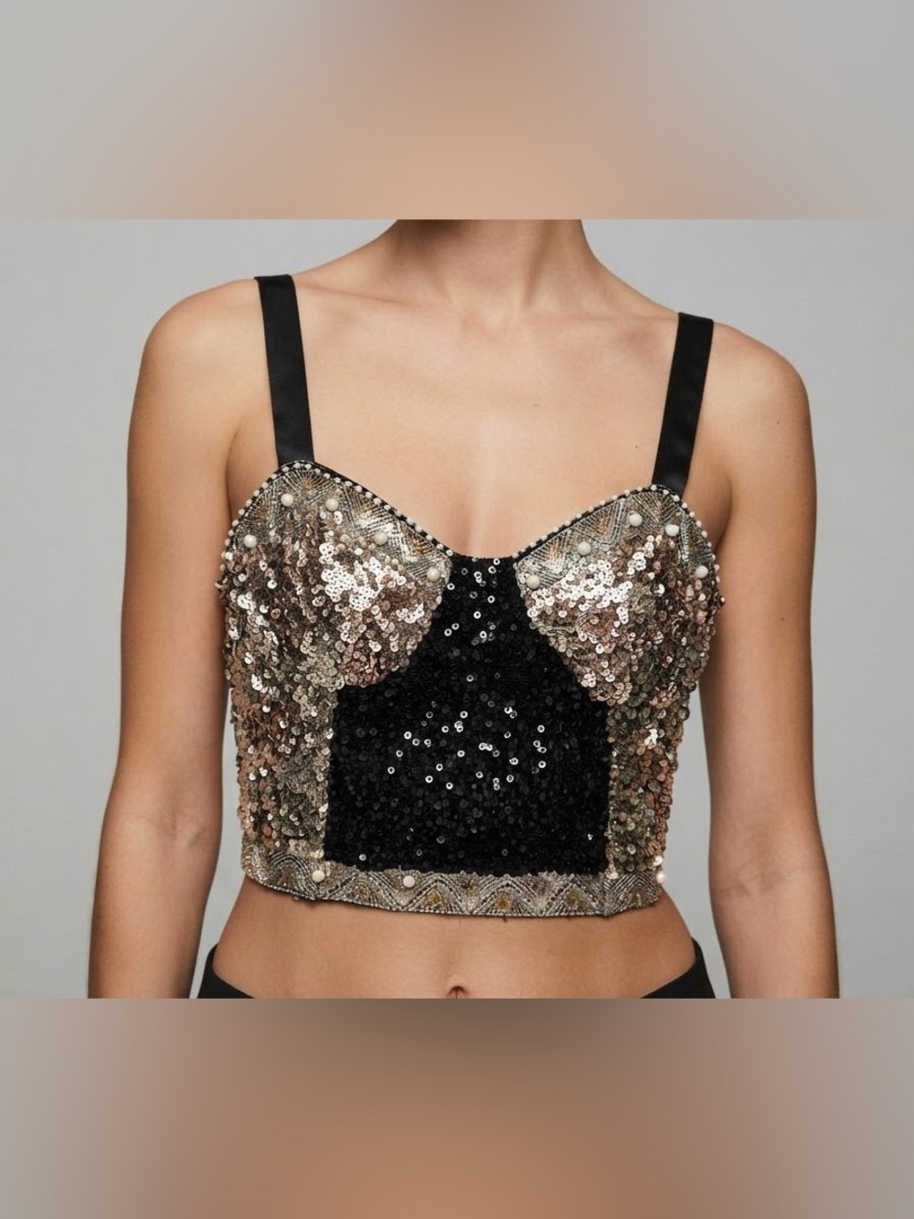 ZARA Sequin Beaded Embellished Bustier Crop Top Gold Black Size Medium